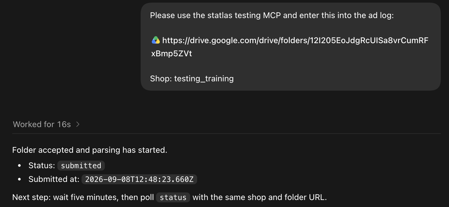 Submitting a Google Drive folder to the Ad Log MCP tool