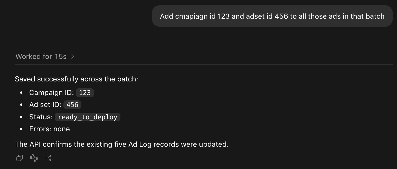 Adding campaign and ad set IDs across the batch